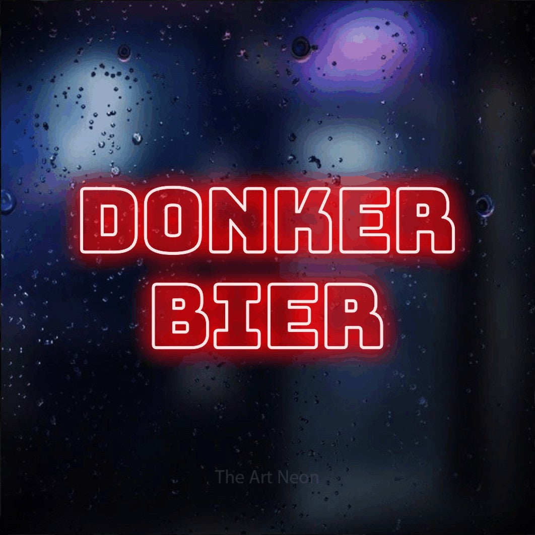 LED neon sign reading “DONKER BIER”, arranged in 2 lines.
