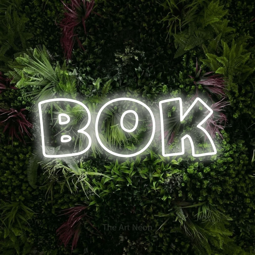 LED neon sign reading “BOK”, arranged in a single line.