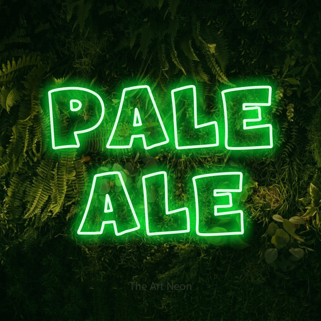 LED neon sign reading “pale ale”, arranged in 2 lines.