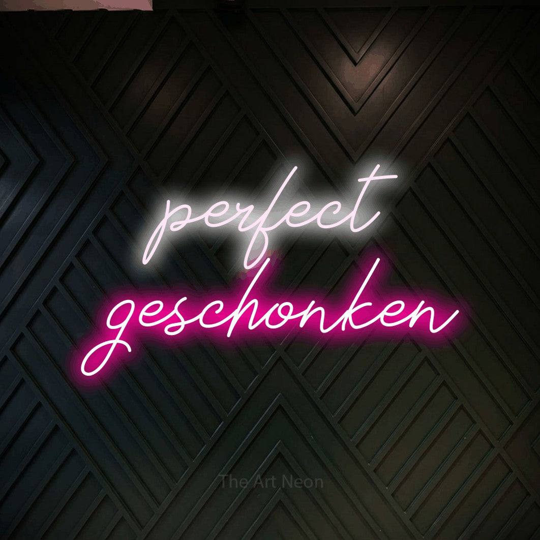 LED neon sign reading “perfect geschonken”, arranged in 2 lines.