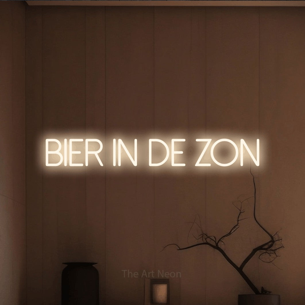 LED neon sign reading “BIER IN DE ZON”, arranged in a single line.