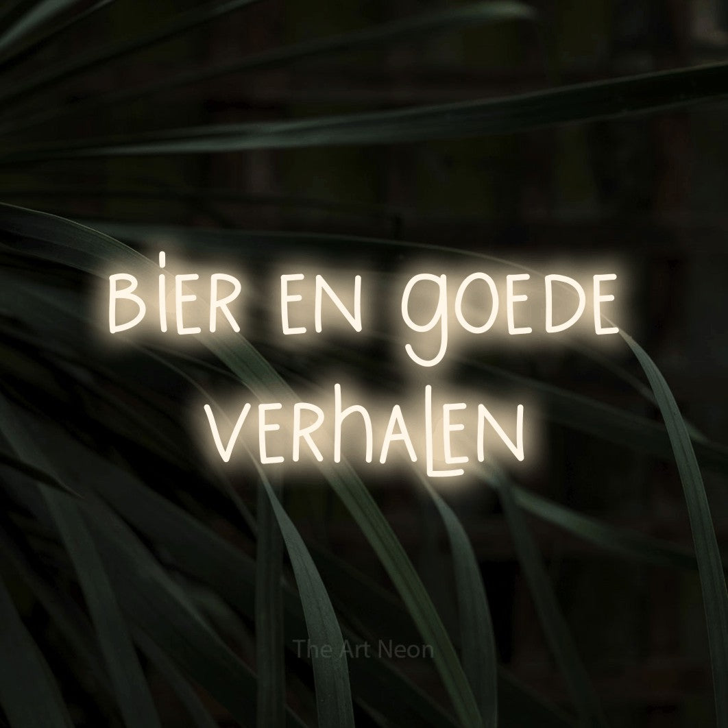 LED neon sign reading “bier en goede verhalen”, arranged in 2 lines.