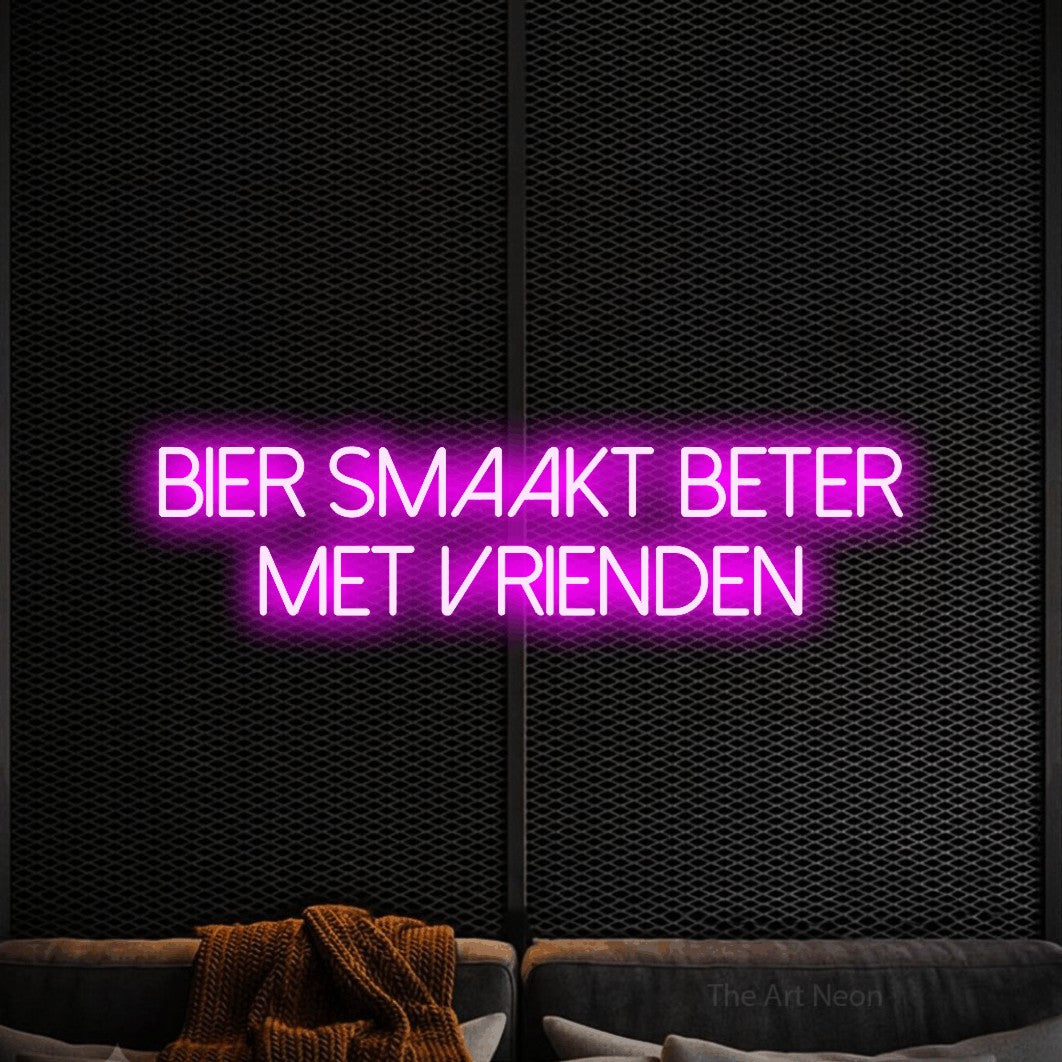 LED neon sign reading “Bier Smaakt Beter Met Vrienden”, arranged in 2 lines.