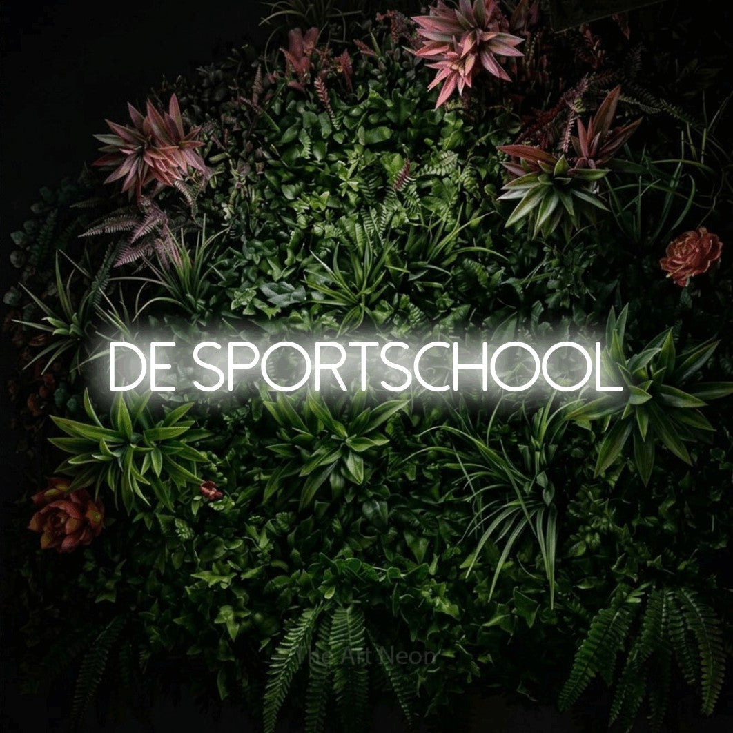 LED neon sign reading “De Sportschool”, arranged in a single line.