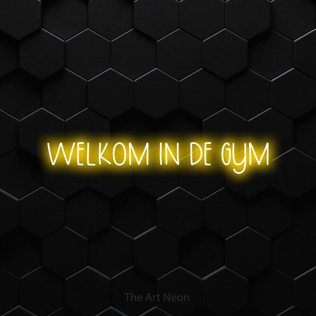 LED neon sign reading “WELKOM IN DE GYM”, arranged in a single line.