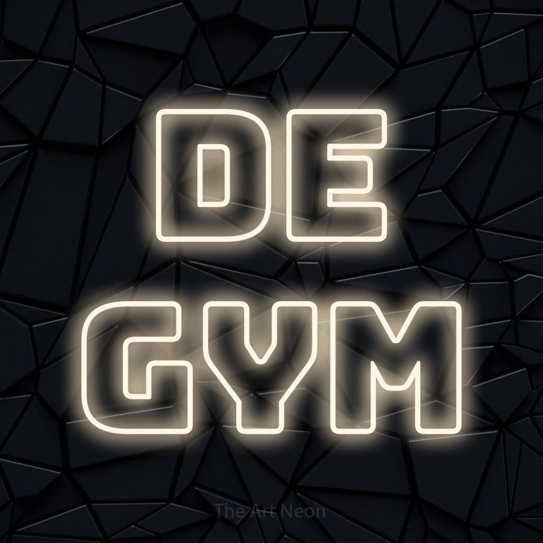 LED neon sign reading “De Gym”, arranged in 2 lines.