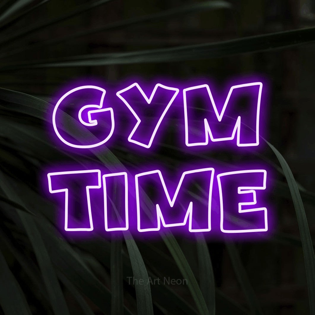 LED neon sign reading “gym time”, arranged in 2 lines.