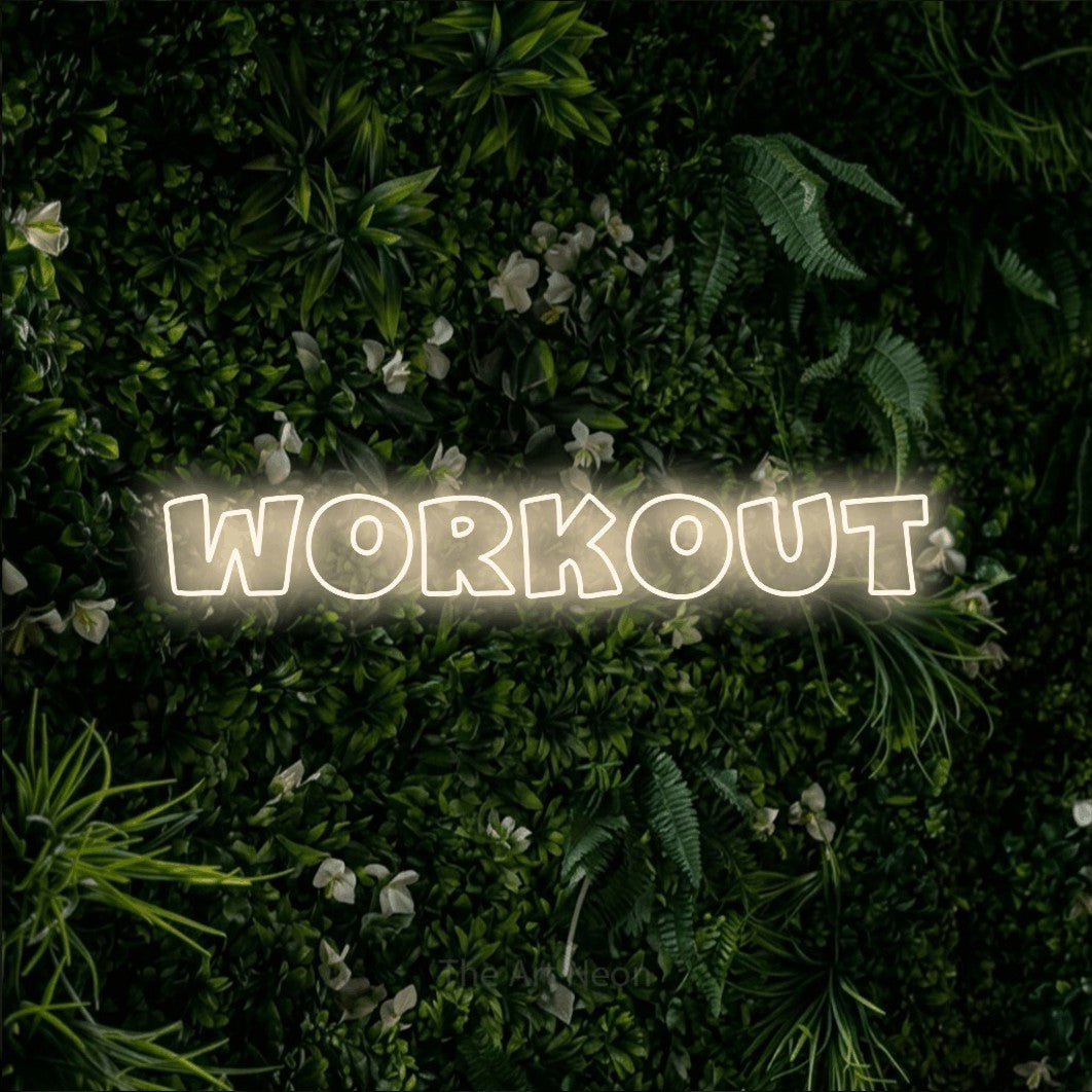 LED neon sign reading “workout”, arranged in a single line.