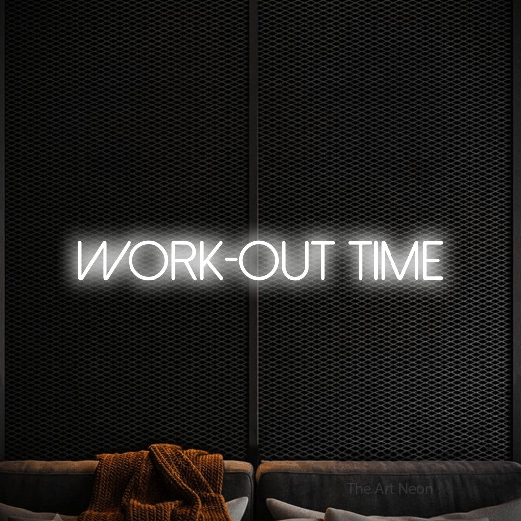 LED neon sign reading “Work-out Time”, arranged in a single line.