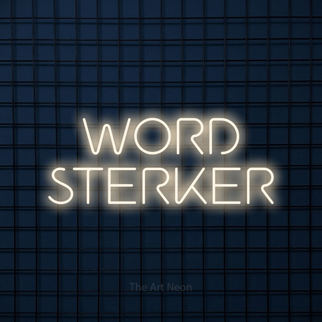 LED neon sign reading “WORD STERKER”, arranged in 2 lines.