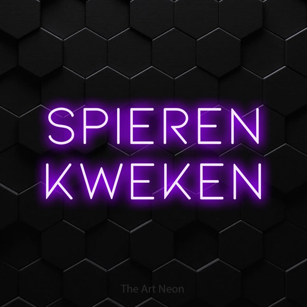 LED neon sign reading “SPIEREN KWEKEN”, arranged in 2 lines.