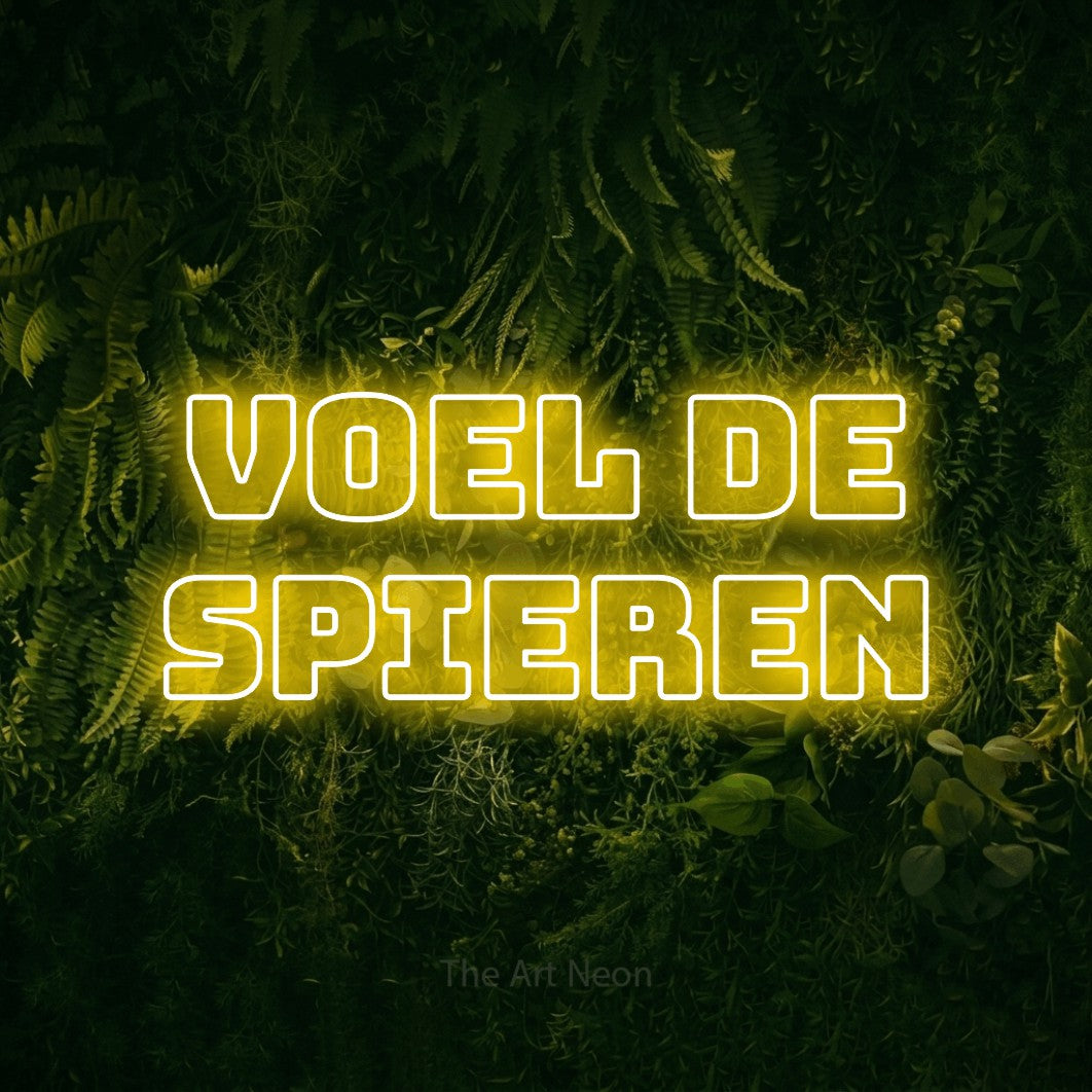 LED neon sign reading “Voel De Spieren”, arranged in 2 lines.