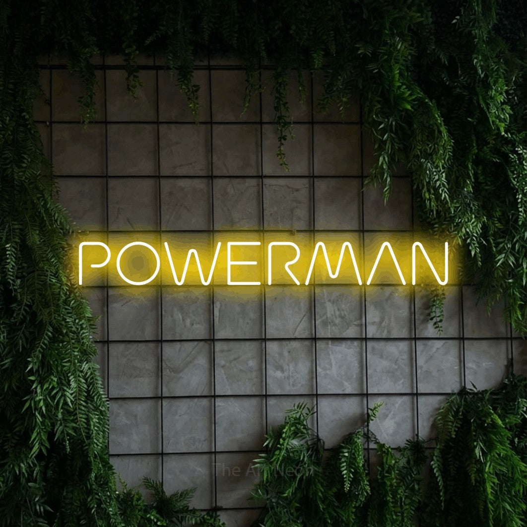 LED neon sign reading “POWERMAN”, arranged in a single line.