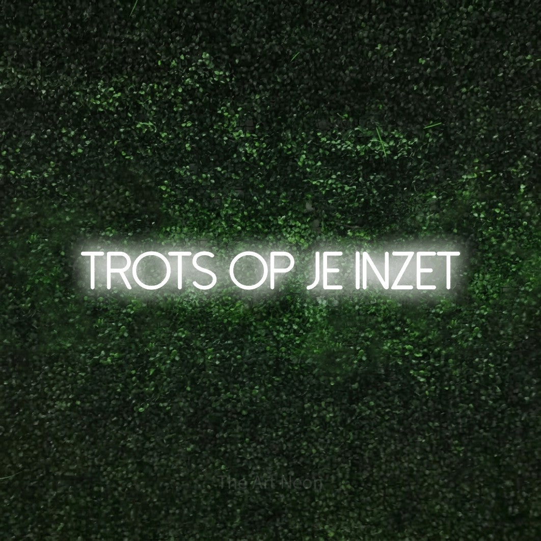 LED neon sign reading “trots op je inzet”, arranged in a single line.