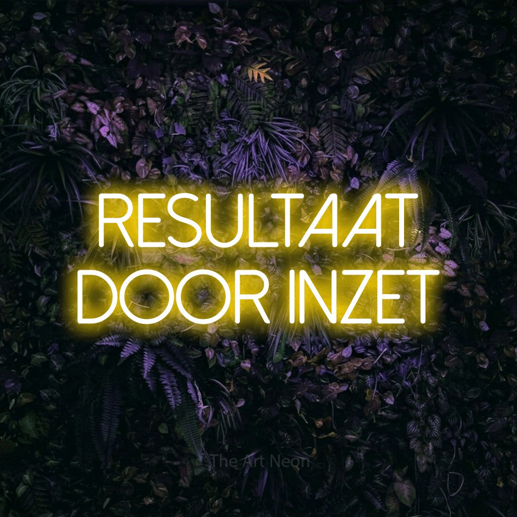 LED neon sign reading “RESULTAAT door inzet”, arranged in 2 lines.