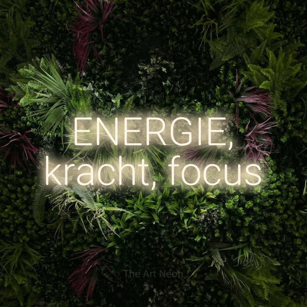 LED neon sign reading “ENERGIE, kracht, focus”, arranged in 2 lines.