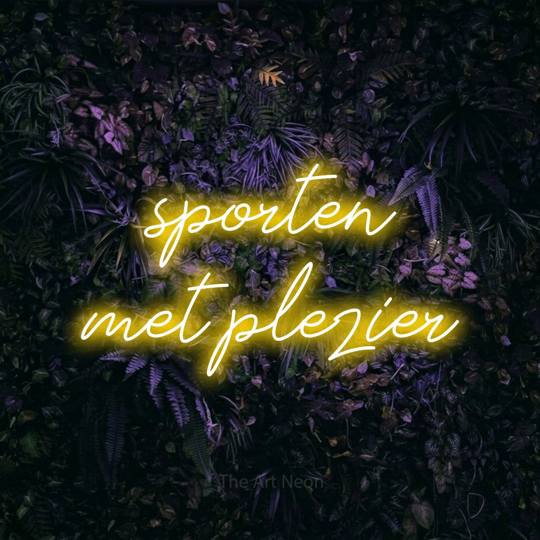 LED neon sign reading “sporten met plezier”, arranged in 2 lines.