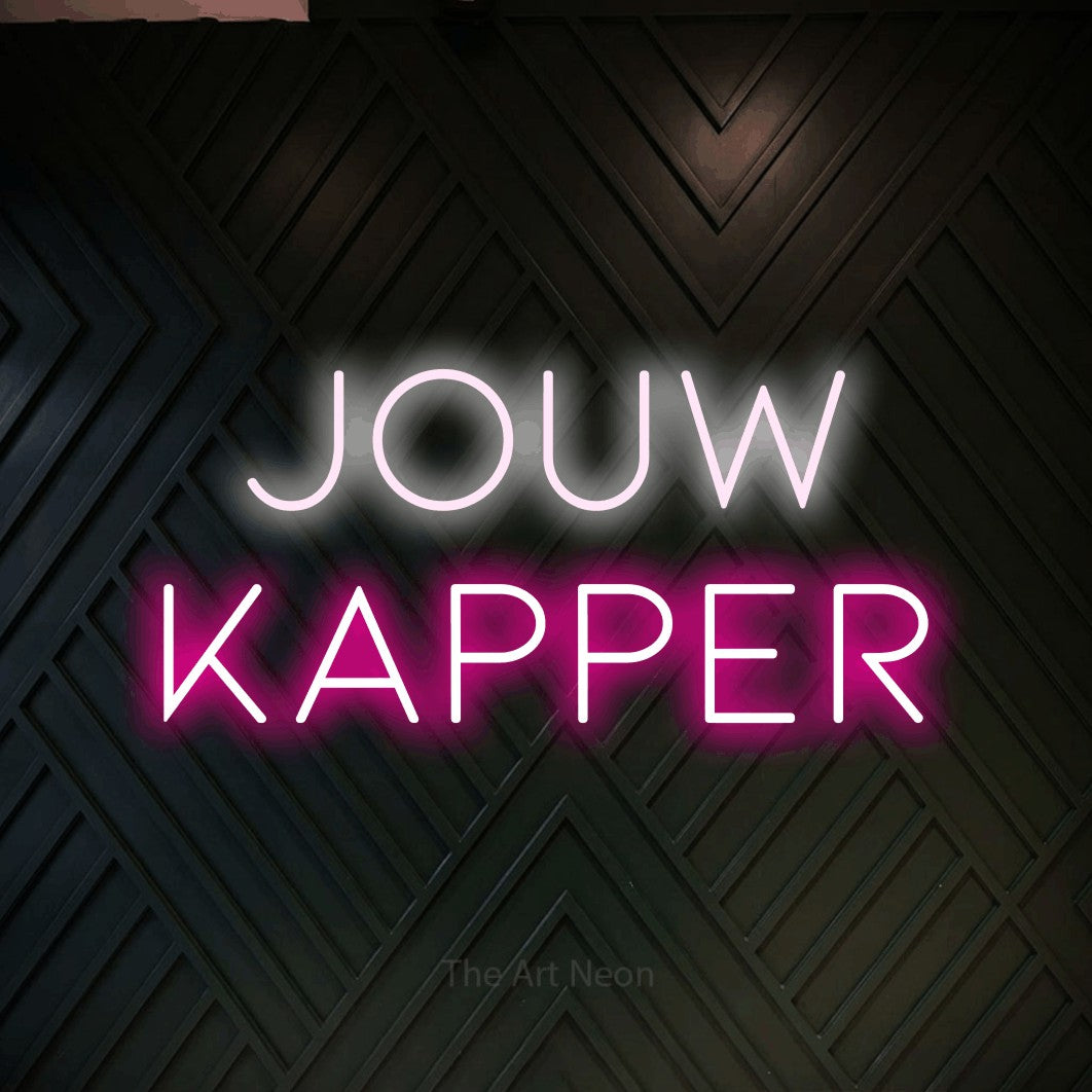 LED neon sign reading “Jouw Kapper”, arranged in 2 lines.