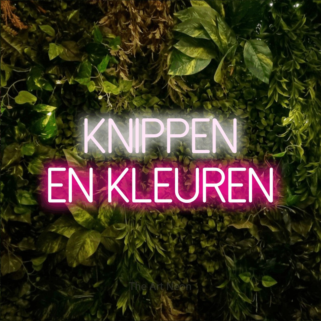 LED neon sign reading “Knippen En Kleuren”, arranged in 2 lines.