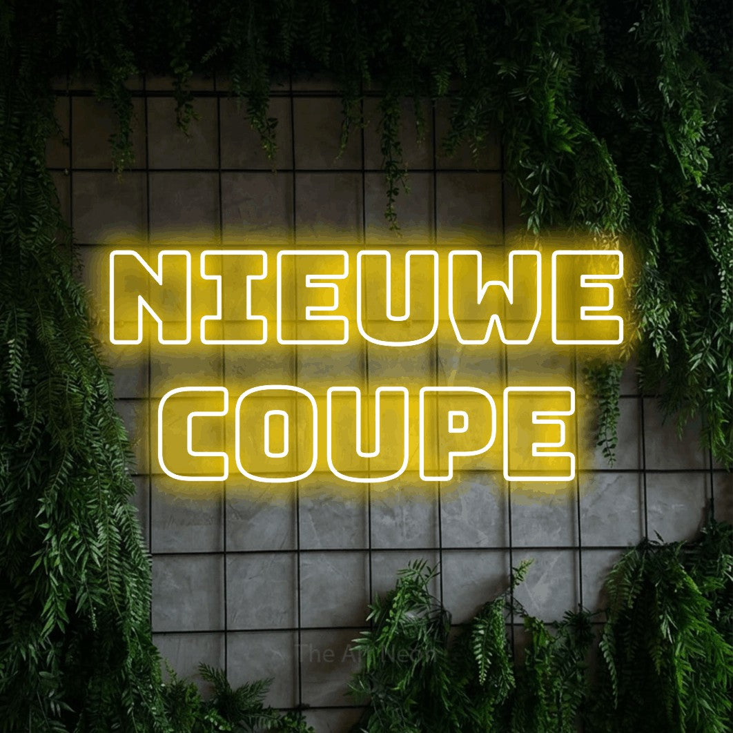 LED neon sign reading “Nieuwe Coupe”, arranged in 2 lines.