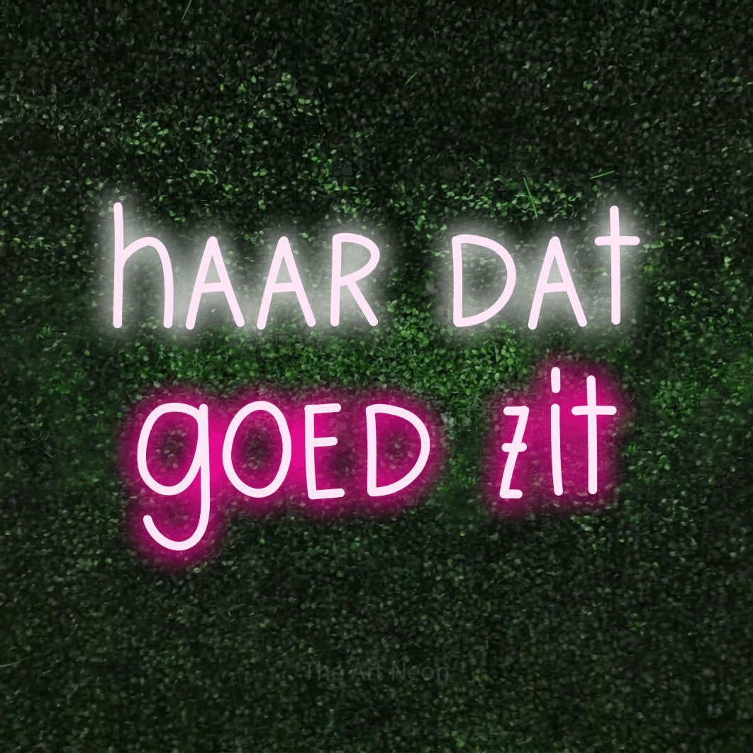 LED neon sign reading “haar dat goed zit”, arranged in 2 lines.