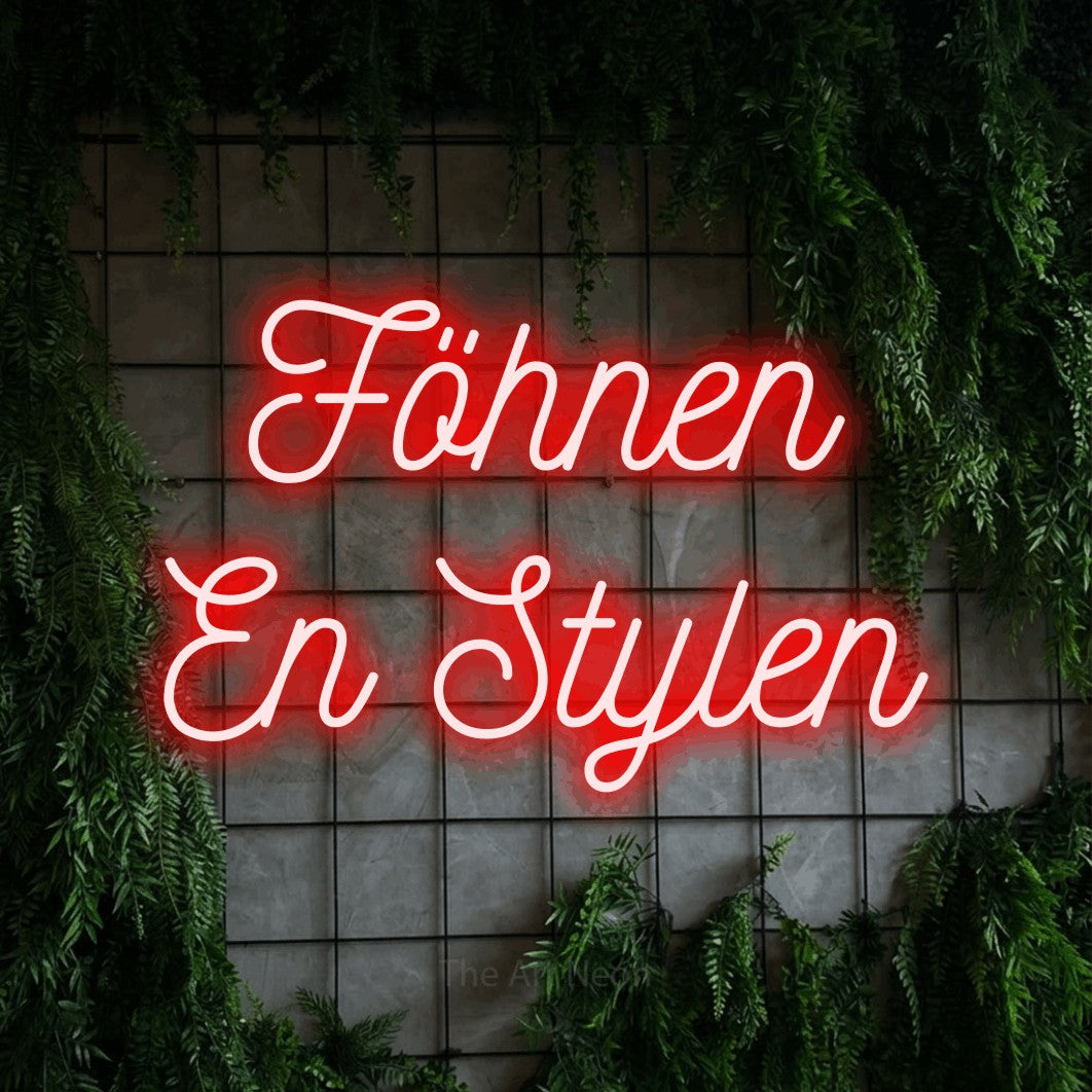 LED neon sign reading “Föhnen En Stylen”, arranged in 2 lines.