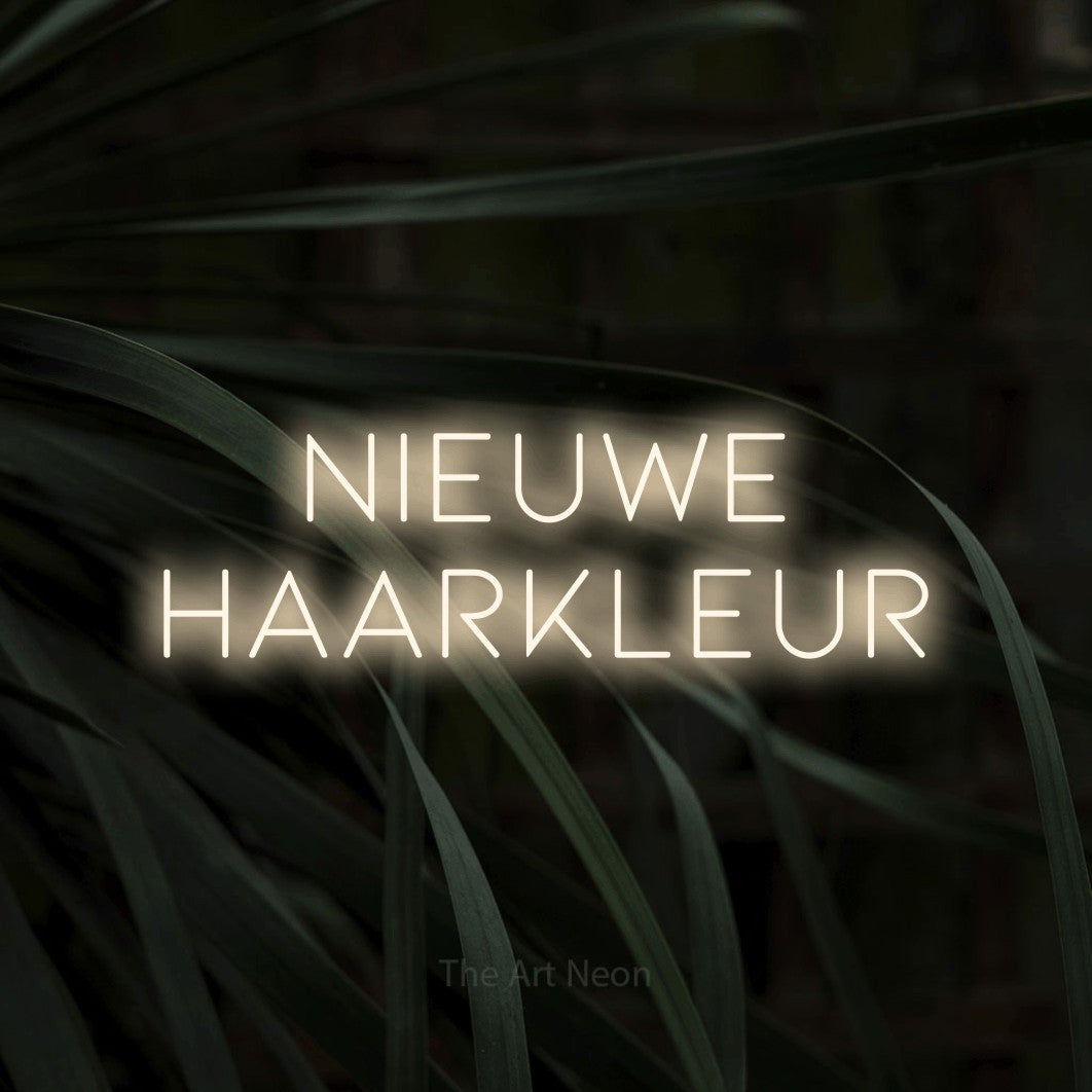 LED neon sign reading “NIEUWE HAARKLEUR”, arranged in 2 lines.