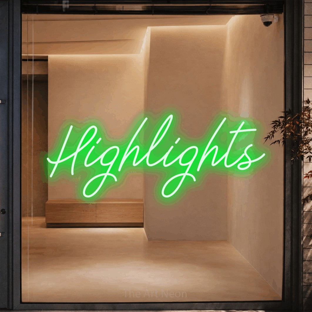 LED neon sign reading “Highlights”, arranged in a single line.