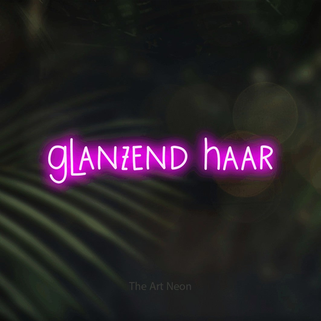 LED neon sign reading “glanzend haar”, arranged in a single line.
