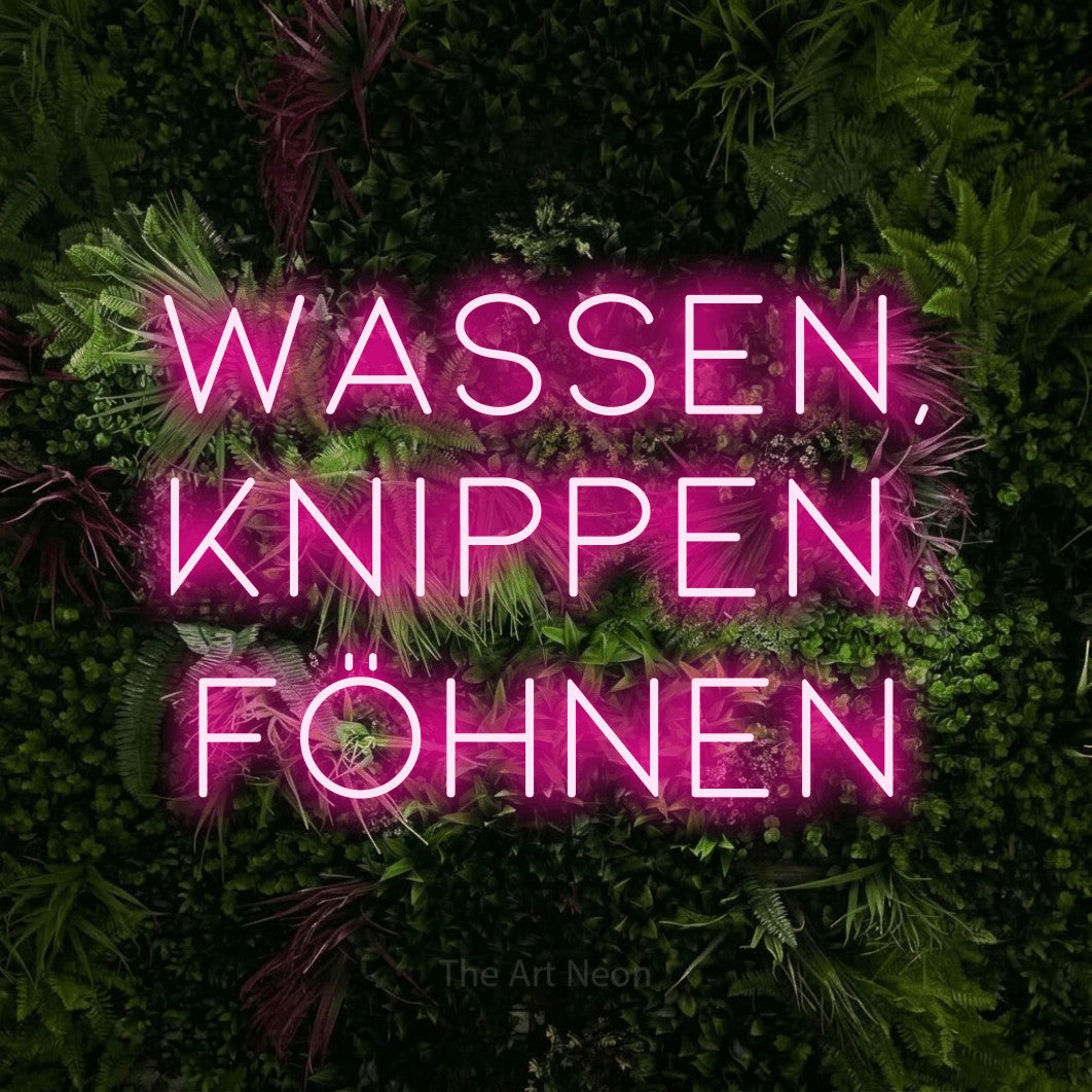 LED neon sign reading “Wassen, Knippen, Föhnen”, arranged in 3 lines.