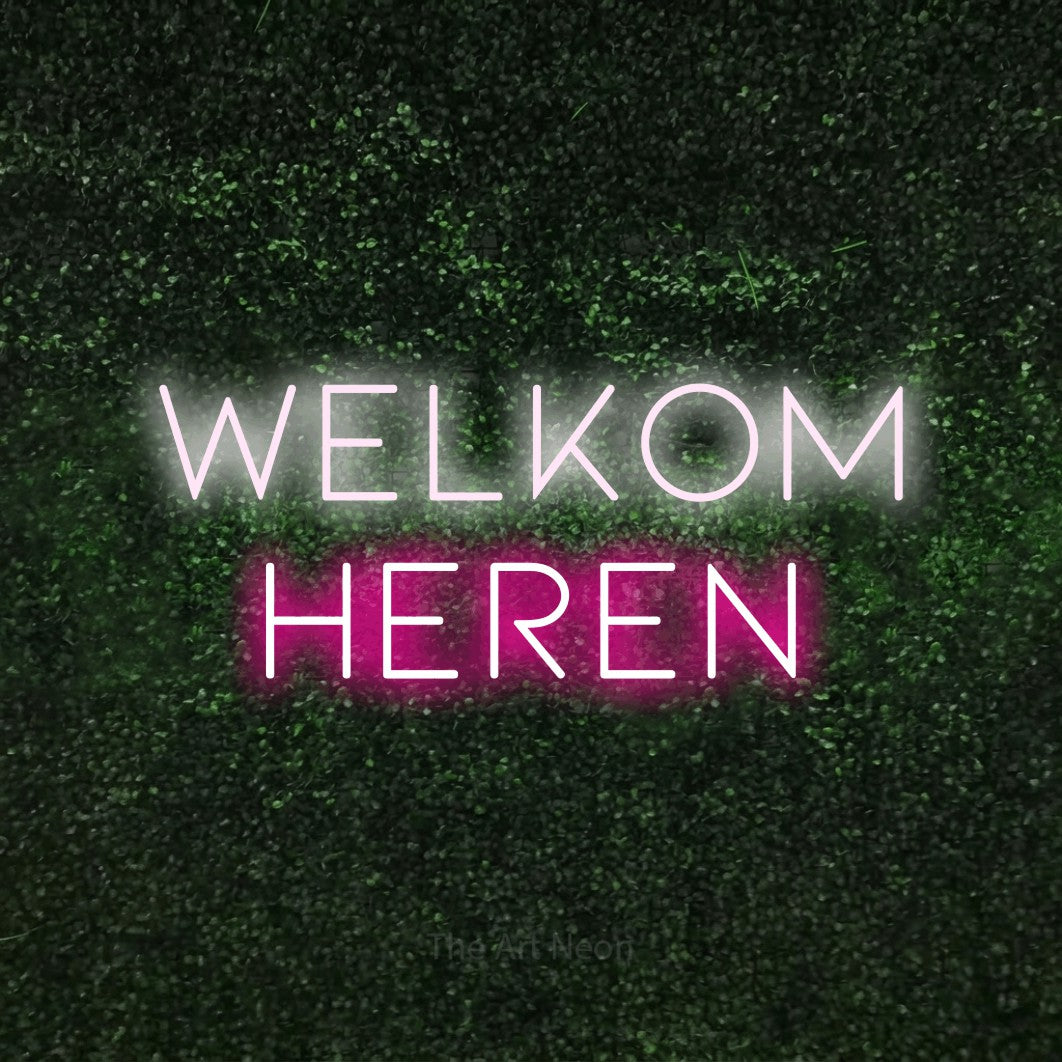 LED neon sign reading “welkom heren”, arranged in 2 lines.