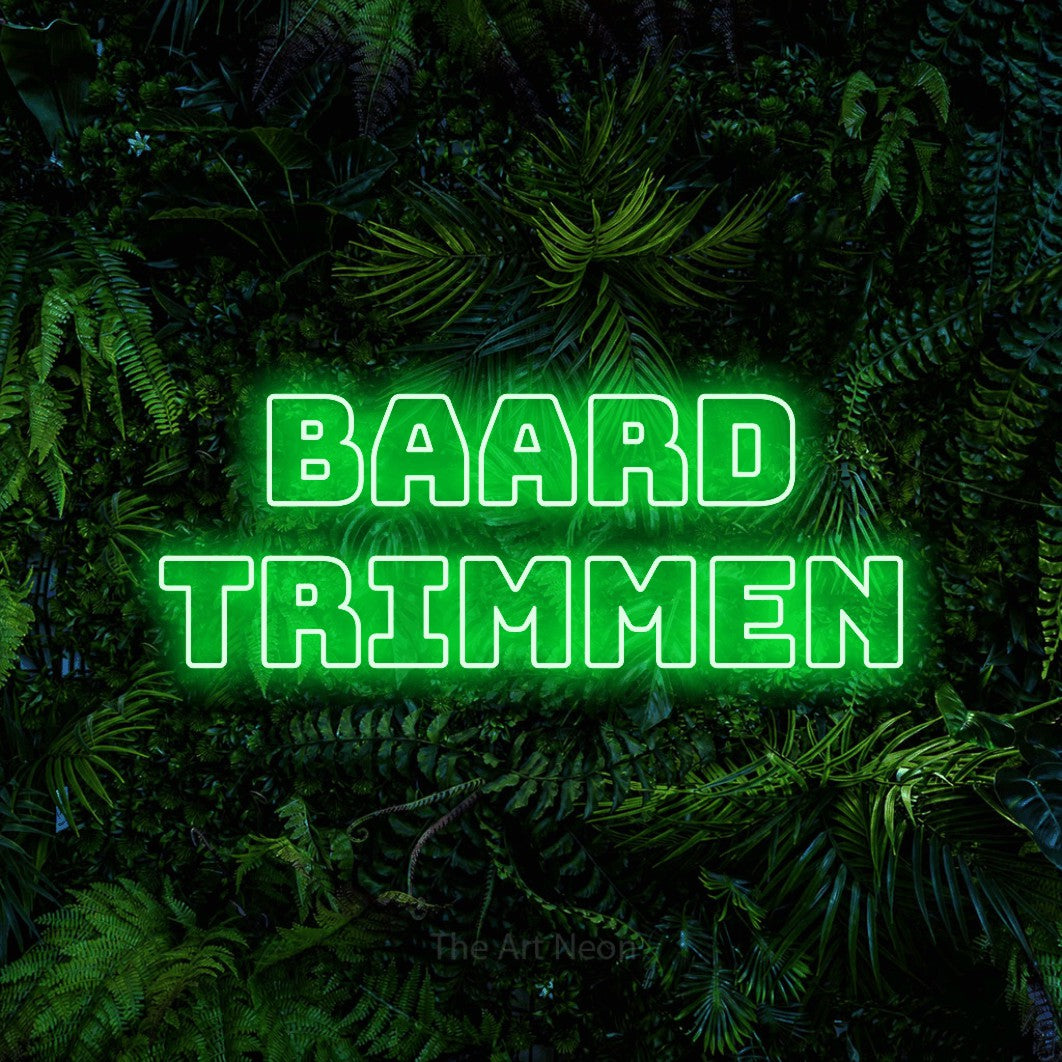 LED neon sign reading “BAARD TRIMMEN”, arranged in 2 lines.