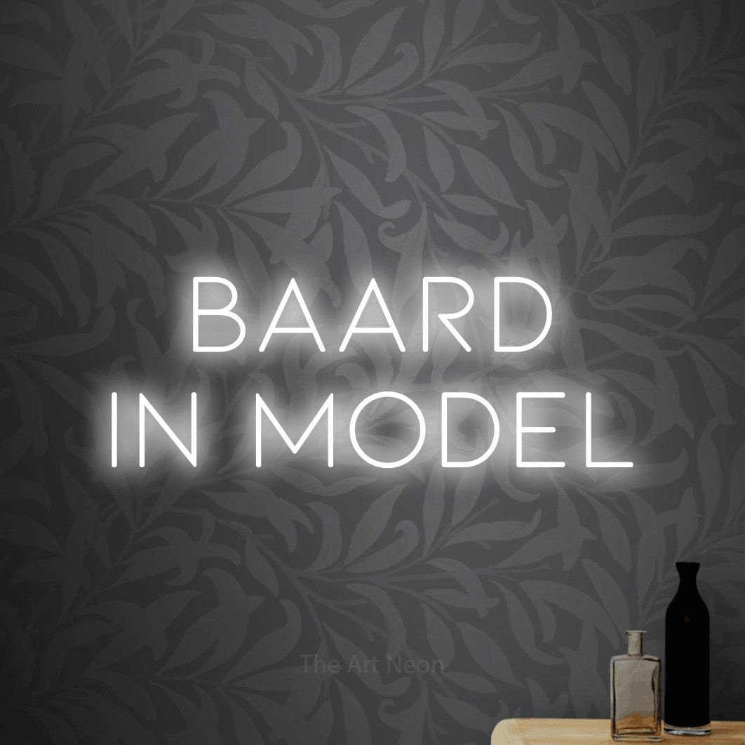 LED neon sign reading “BAARD IN MODEL”, arranged in 2 lines.
