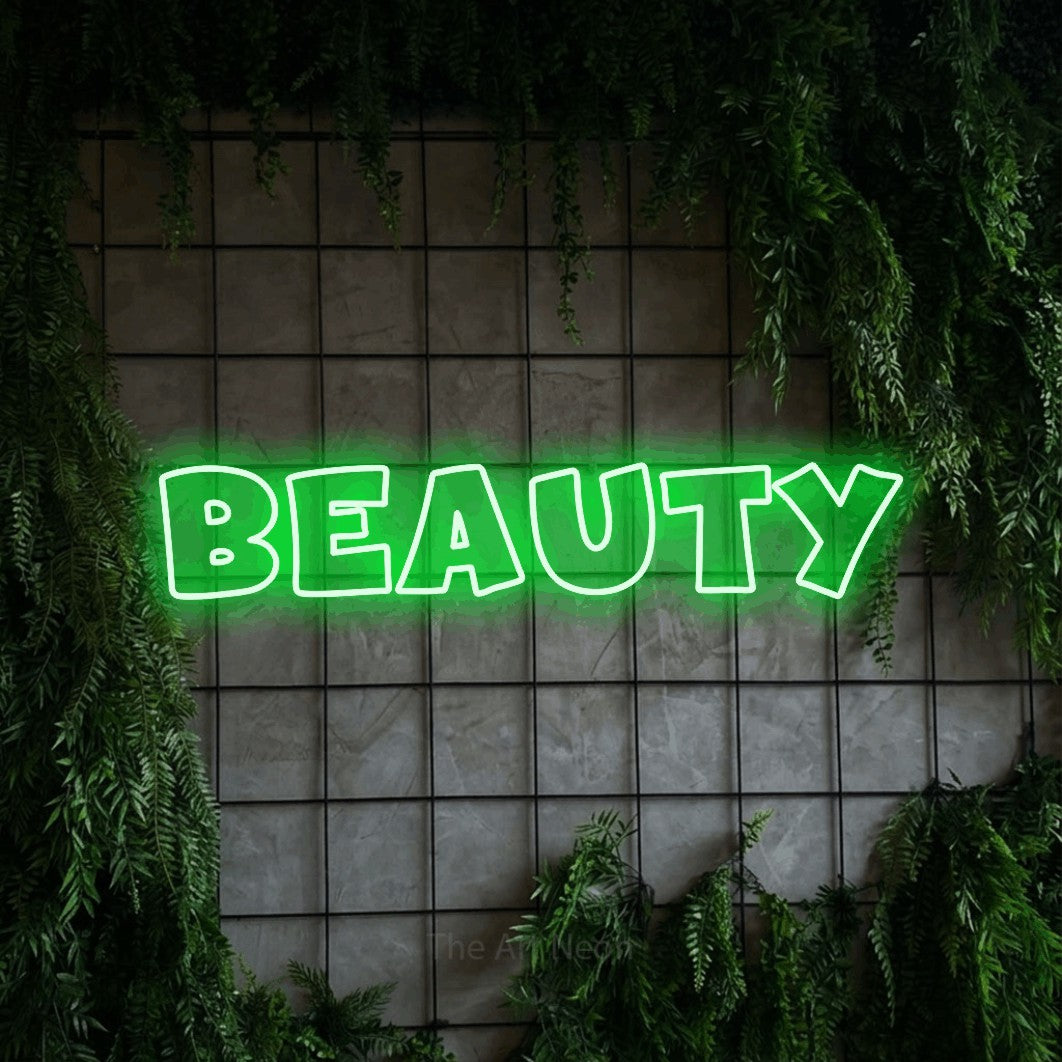 LED neon sign reading “BEAUTY”, arranged in a single line.