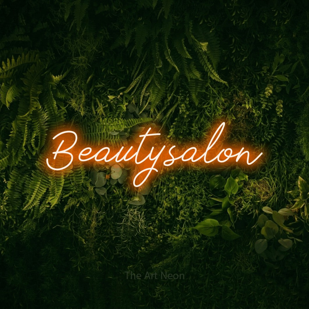LED neon sign reading “Beautysalon”, arranged in a single line.