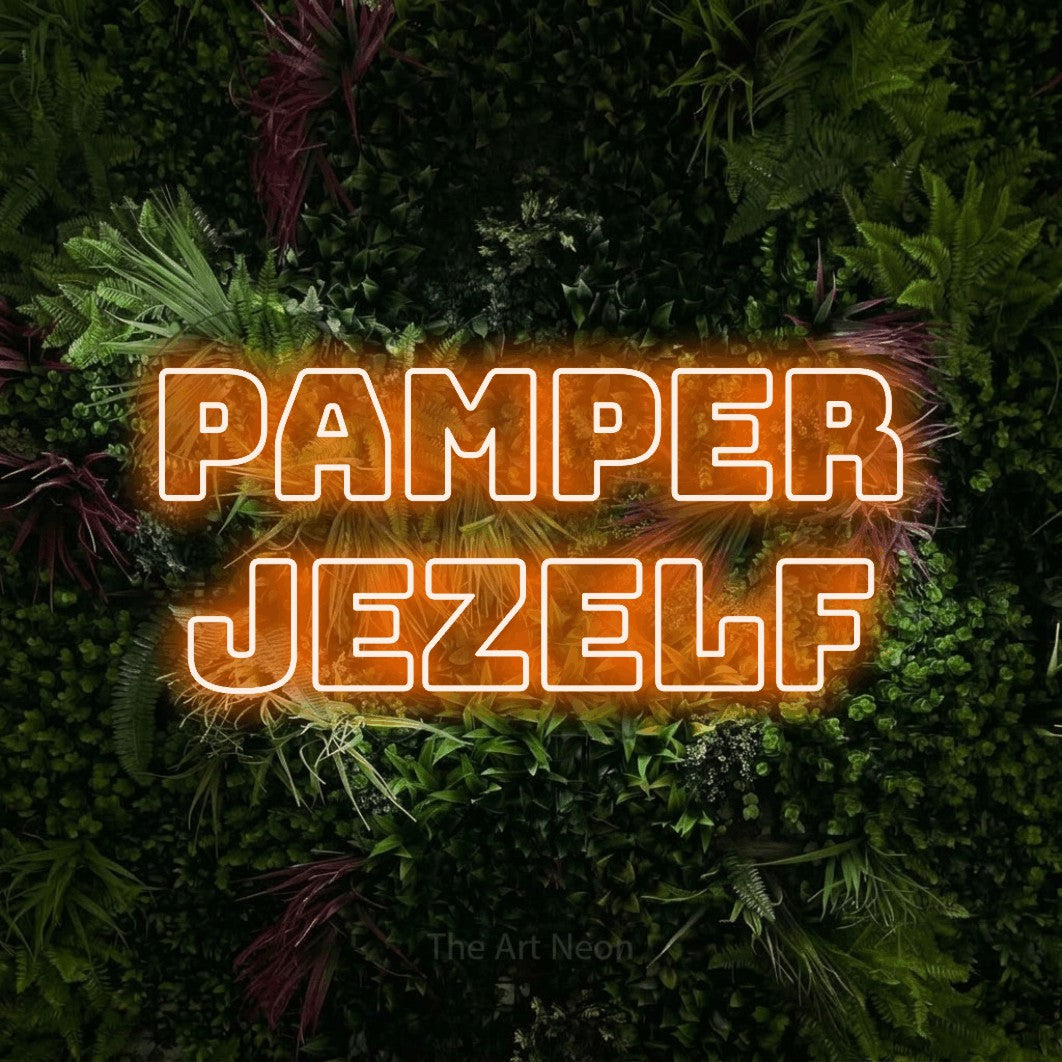 LED neon sign reading “Pamper Jezelf”, arranged in 2 lines.