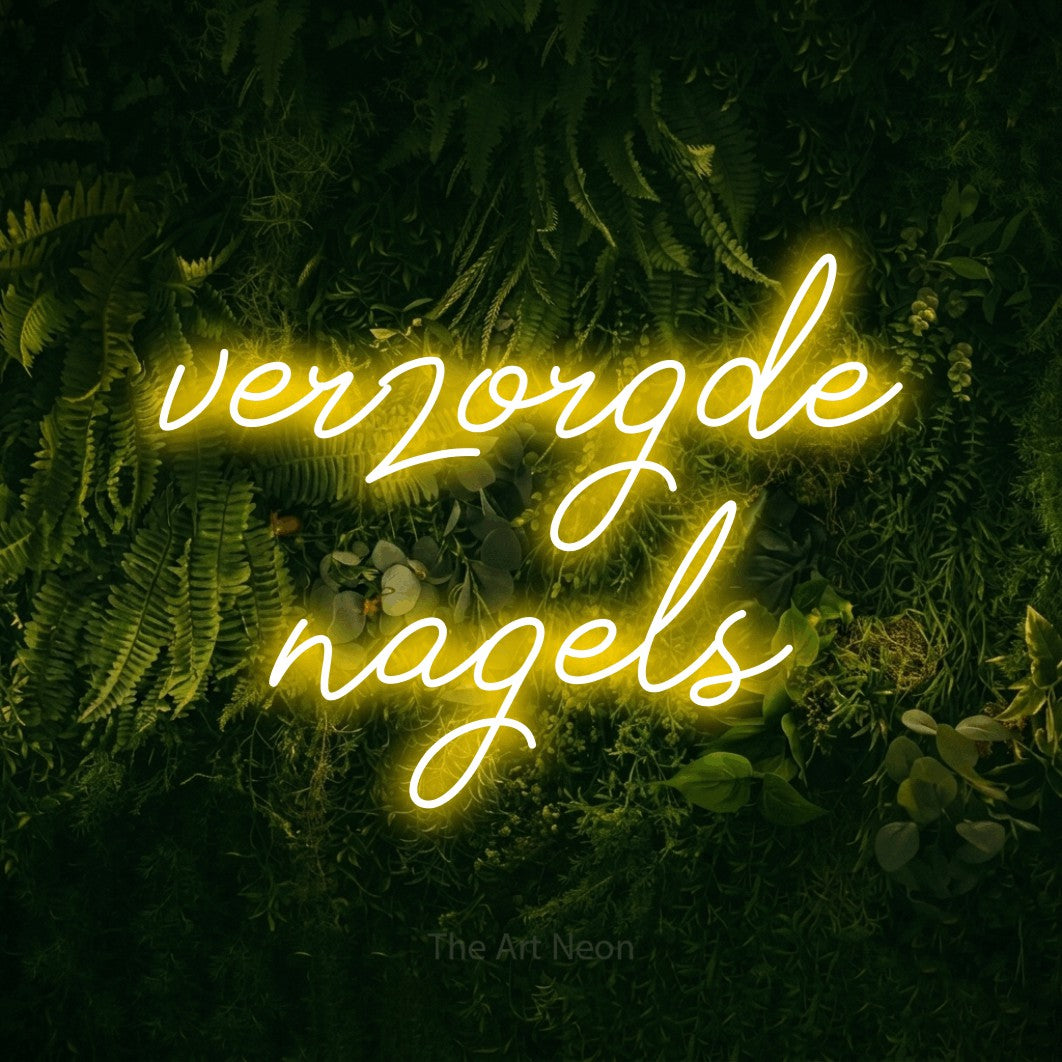 LED neon sign reading “verzorgde nagels”, arranged in 2 lines.