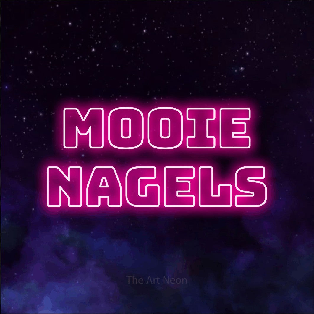 LED neon sign reading “Mooie Nagels”, arranged in 2 lines.
