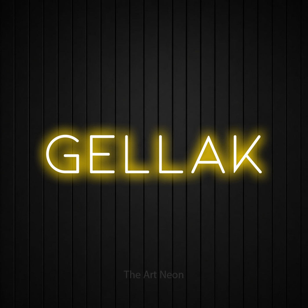 LED neon sign reading “Gellak”, arranged in a single line.