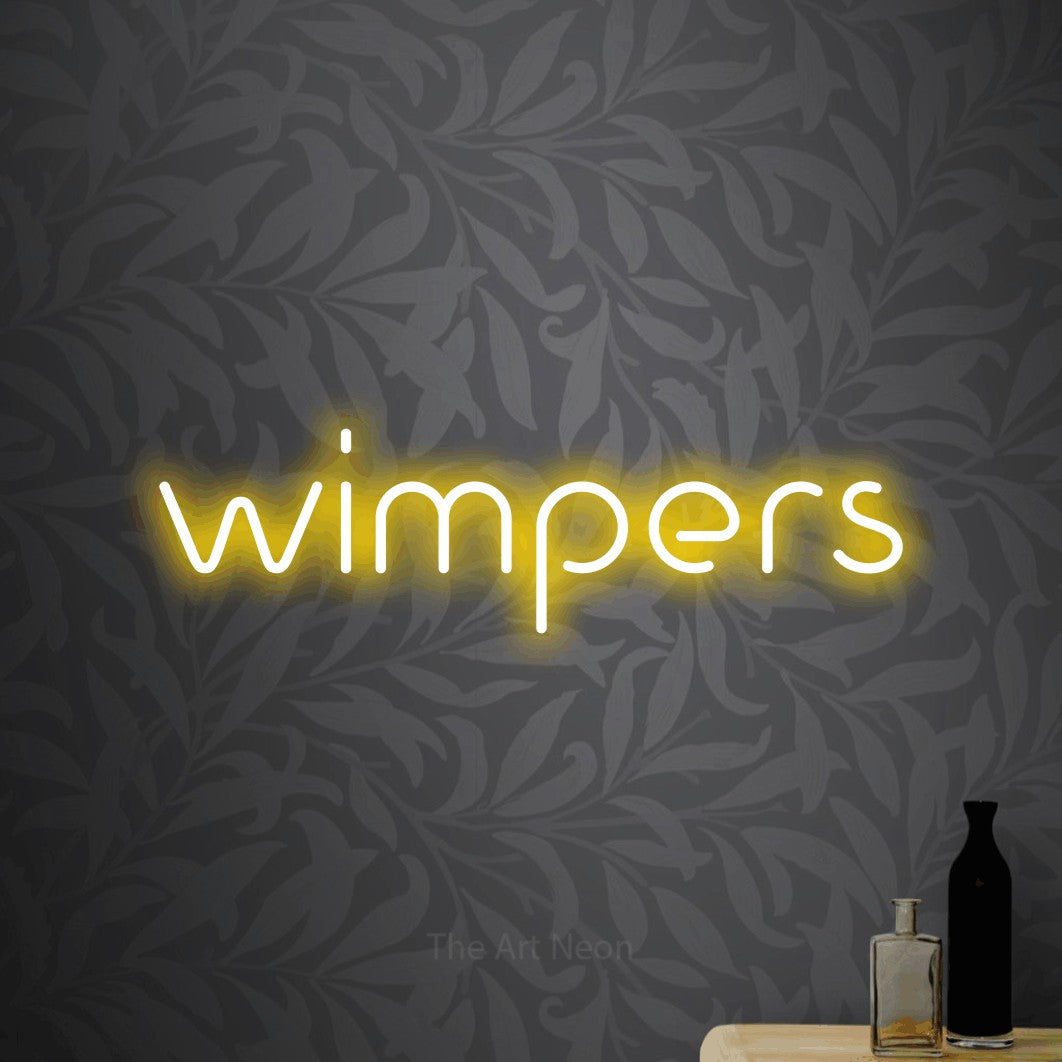 LED neon sign reading “wimpers”, arranged in a single line.