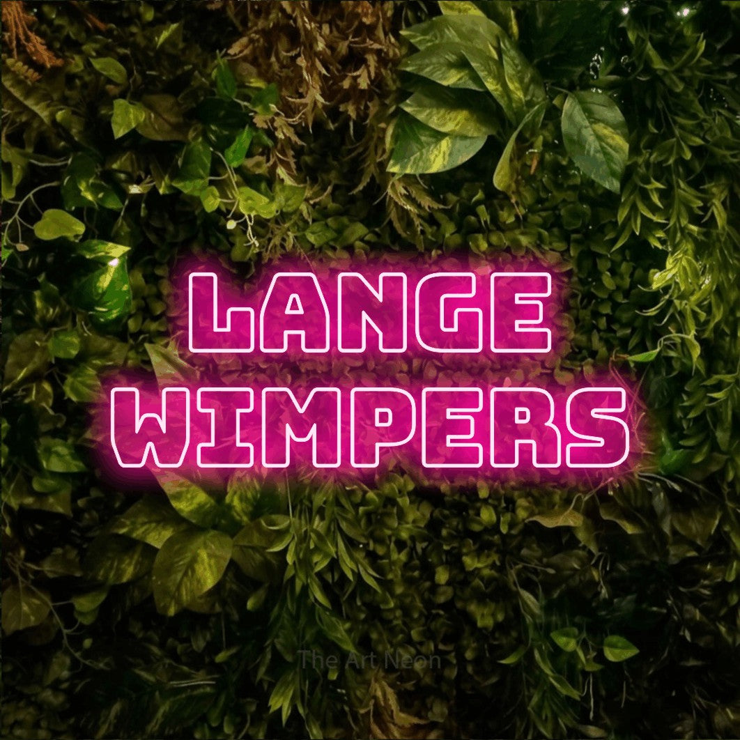 LED neon sign reading “LANGE wimpers”, arranged in 2 lines.