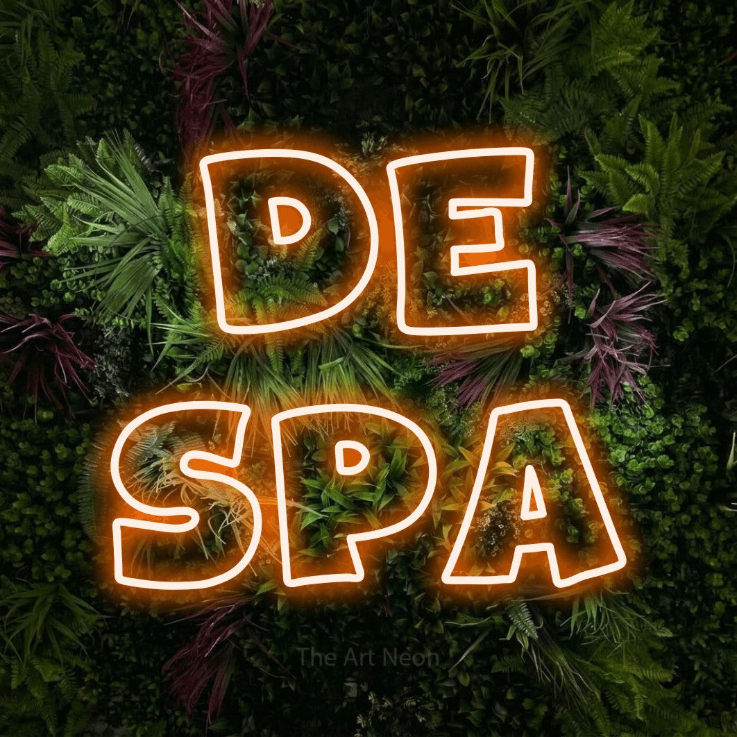 LED neon sign reading “DE spa”, arranged in 2 lines.