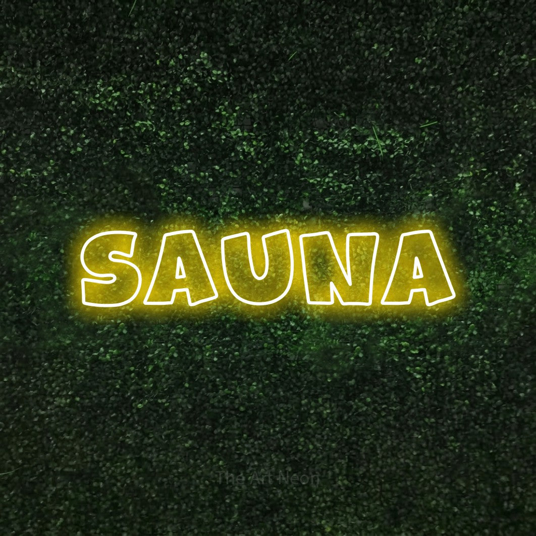 LED neon sign reading “SAUNA”, arranged in a single line.