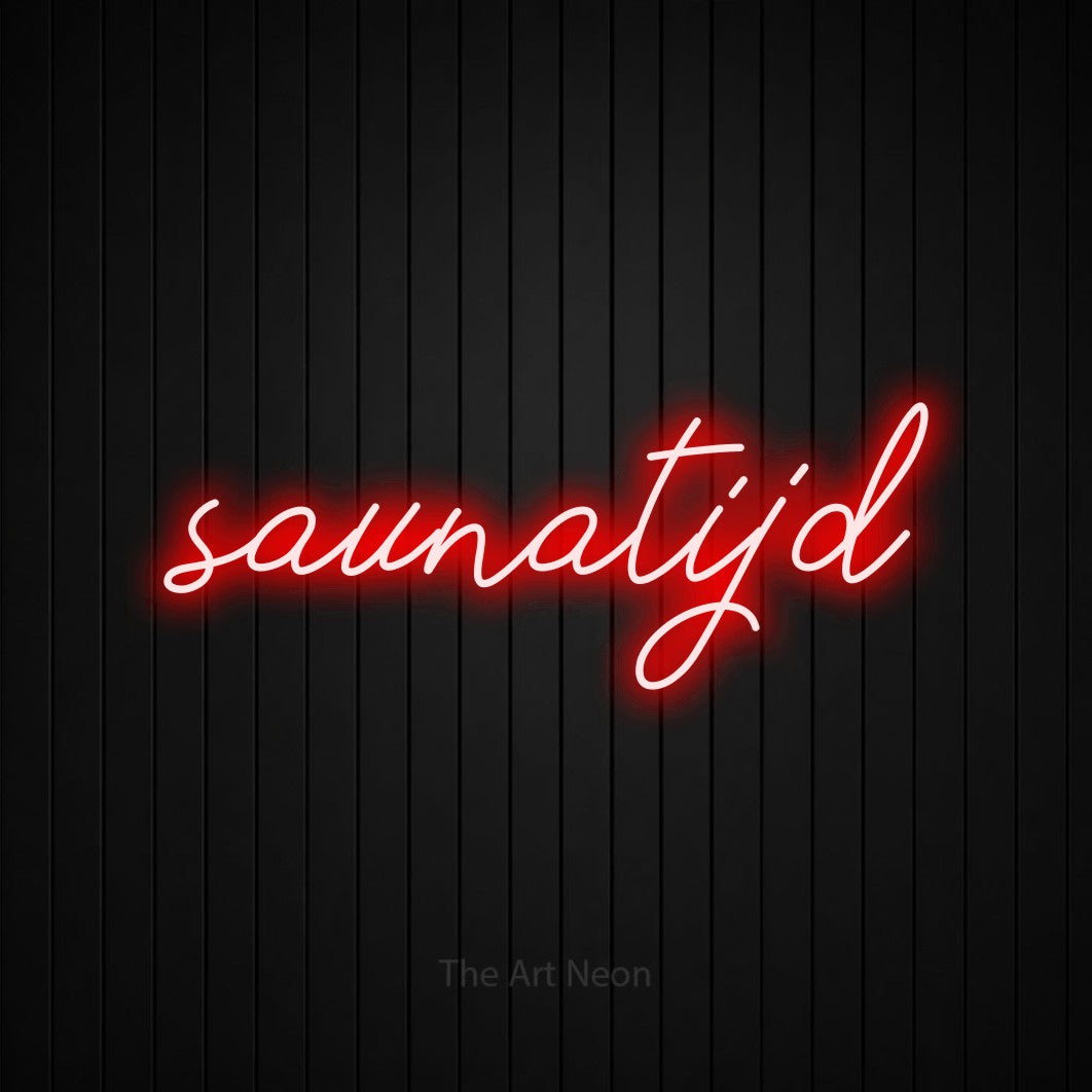 LED neon sign reading “saunatijd”, arranged in a single line.