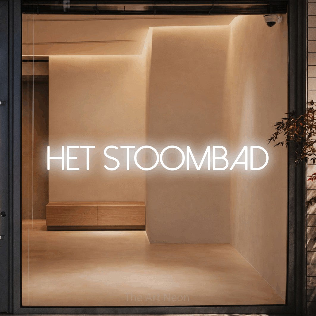 LED neon sign reading “HET STOOMBAD”, arranged in a single line.