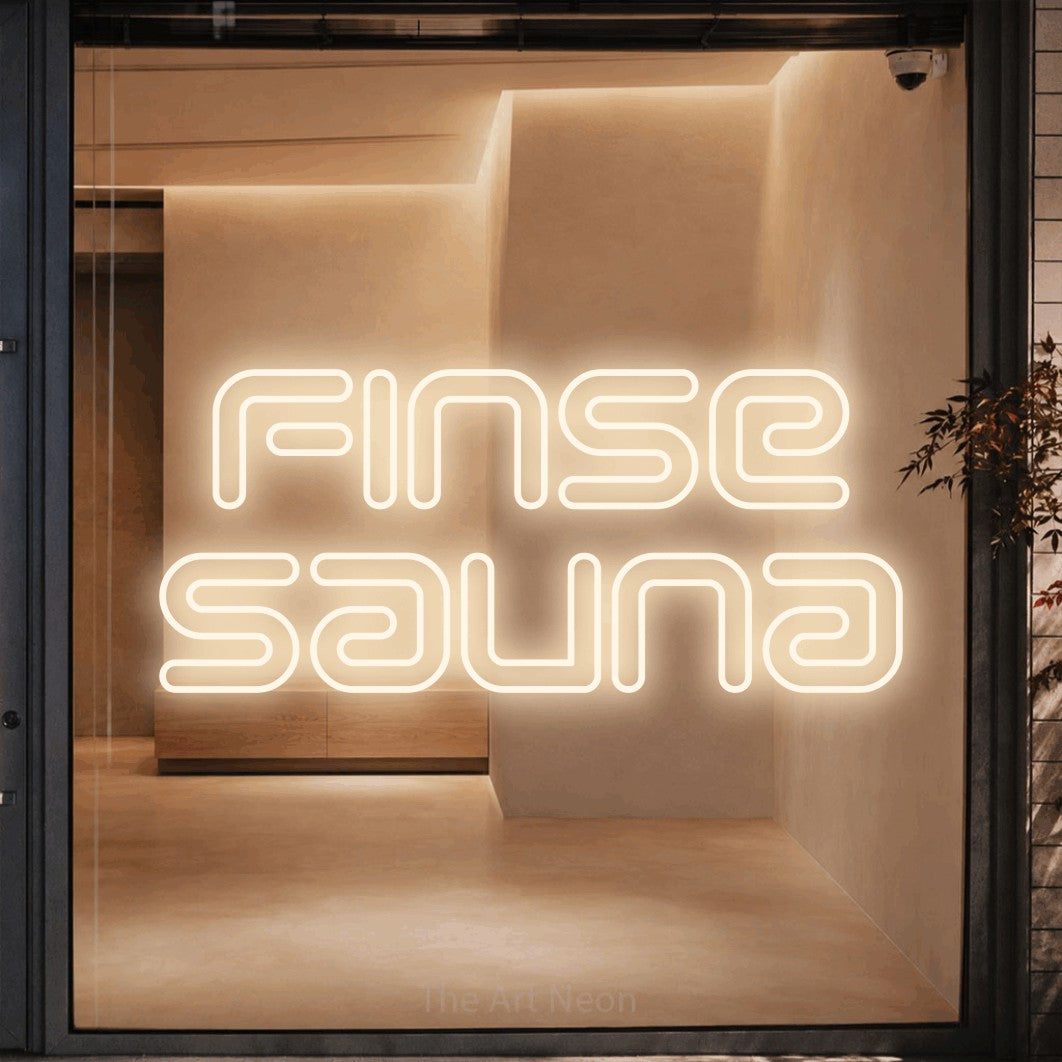 LED neon sign reading “Finse Sauna”, arranged in 2 lines.
