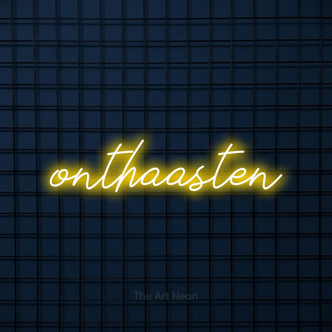 LED neon sign reading “onthaasten”, arranged in a single line.