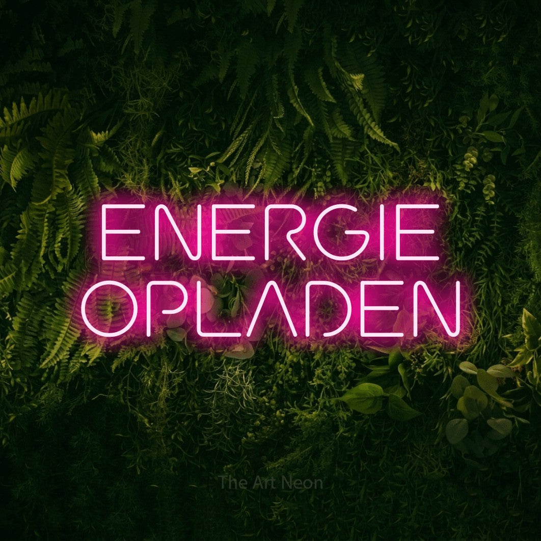 LED neon sign reading “ENERGIE OPLADEN”, arranged in 2 lines.