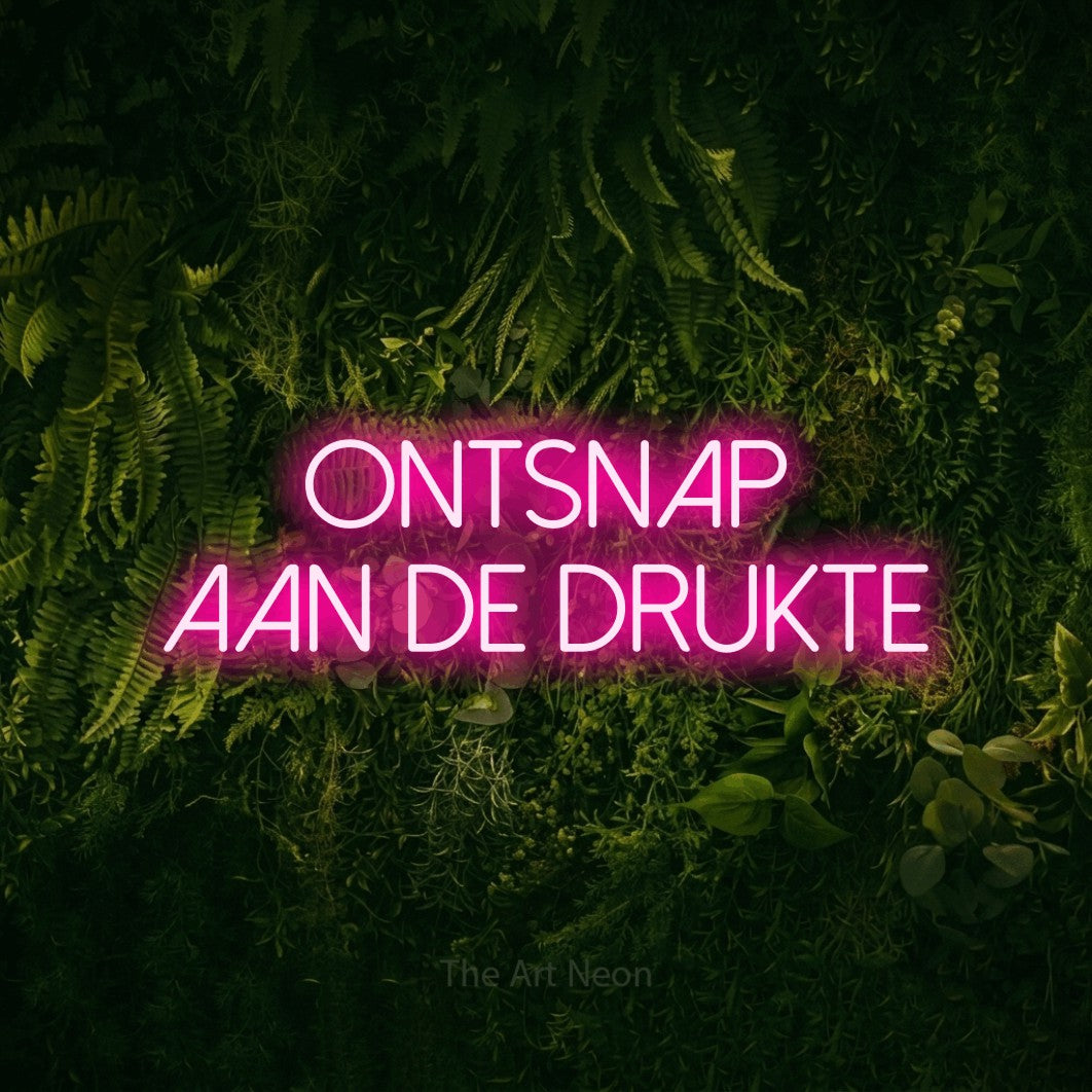LED neon sign reading “ontsnap aan de drukte”, arranged in 2 lines.