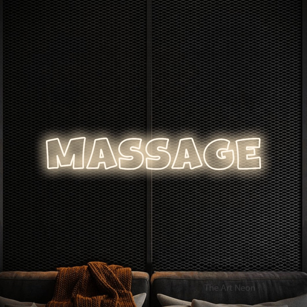 LED neon sign reading “MASSAGE”, arranged in a single line.
